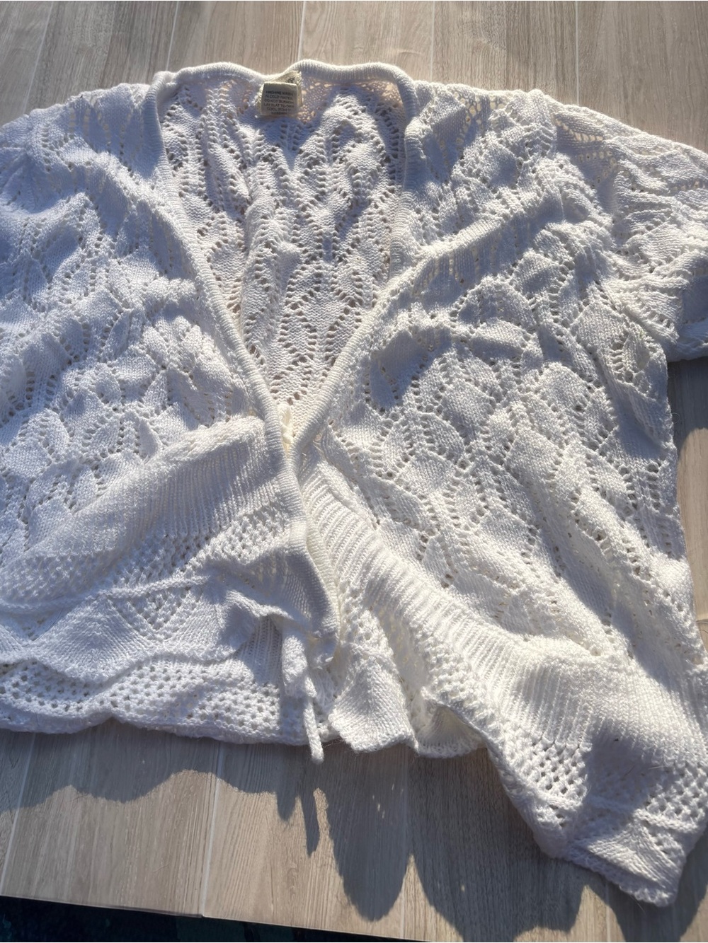 White Open-Knit Cropped Cardigan with Tie Front